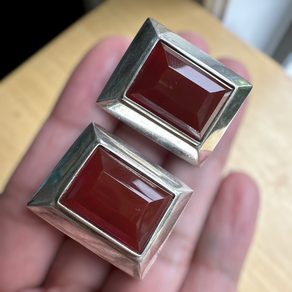 Vintage‎ Artisan Clip Earrings 1.1 Inch Red Carnelian Agate 925 Sterling 19.9g